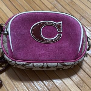 Coach Vintage Mini Camera Bag With Suede Pink And Signature Coach Jacquard Print